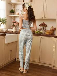 CottageSlumber Strawberry Print Faux Placket Button Camisole & Pants Women Pajama Set - Multicolor - View 2