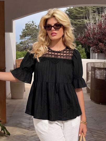 Dripcurv Áo sơ mi mùa hè cỡ lớn, màu trơn, kiểu dáng thường ngày, phối ren.