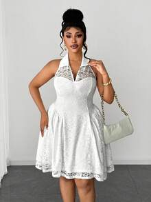 Maweii Plus Size Backless Halter Neck Metallic Lace Elegant Party Date Dress - White - View 4