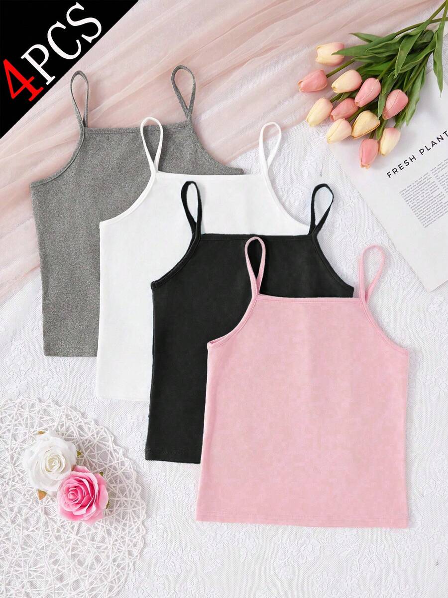 4pcs Girls Basic Solid Color Camisole Underwear Set - Multicolor - View 1