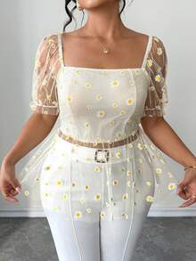 SHEIN Clasi Plus Size Women's Elegant Cute Casual Vacation Daisy Print Sheer Square Neck Puff Sleeve Backless Cinched Waist Blouse White Summer - Apricot - View 3