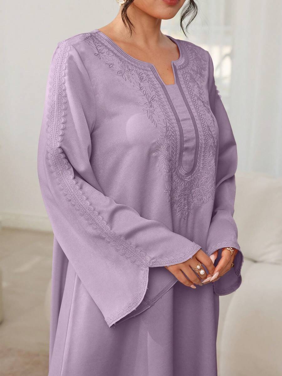 SHEIN Najma 长袖刺绣花卉拼接长款连衣裙，土耳其和阿拉伯传统风格 - 紫色 - 查看 1