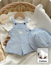 SHEIN Newborn Baby Boy Cute Summer Versatile Cartoon Duck Striped Romper & Hat Set - Blue - View 2