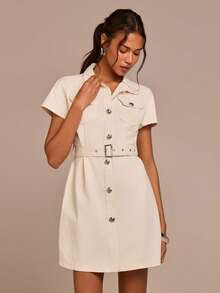 COSMINA 女士优雅白色落肩收腰迷你牛仔连衣裙，适合通勤、办公、早春休闲穿着 - 白色 - 查看 6