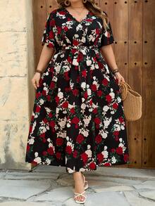 SHEIN CURVE+ 尺码 US22 适合音乐节、海滨度假、波西米亚风休闲复古大碎花宽松抽绳连衣裙，适合春夏穿着，大码身材，适合休闲度假，飘逸连衣裙，女士沙滩装/沙滩裙/沙滩度假装/沙滩必备/毕业典礼/下午茶会连衣裙/夏季/乡村/沙滩度假装/沙滩装/沙滩服饰 - 彩色 - 查看 6