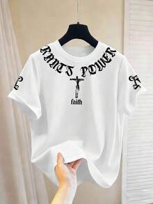 Chillumni 男士哥特风格文字印花休闲圆领T恤，展现权力、权利和信仰的暗黑美学 - 彩色 - 查看 1