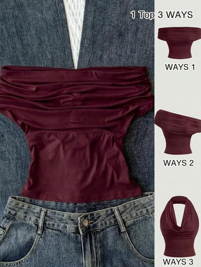 Tween Girl Versatile Solid Color Fitted Top, Summer Casual Wear, High Neck Off-Shoulder Design, Elegant And Graceful, Suitable For Festivals, Countryside, Beach Vacation, Afternoon Tea And Other Occasions, Dignified Style, Can Be Worn As Ballroom Top Or Cute Blouse Dark Red Tube Top Wine Red Shirts Strapless Tops Shirts For Teen Girls Burgundy Top