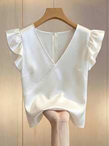 Elenzga 女士休闲V领白色衬衫，交叉设计，荷叶边袖口，收腰设计，精致优雅，适合约会、下午茶、休闲外出等场合。 - 杏色 - 查看 3