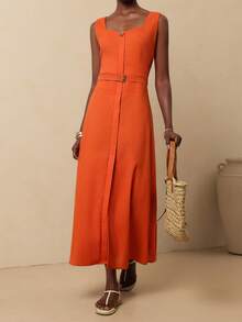 Vesra Women's Solid Color Split Design Fashionable Date Party Dress - Orange - View 1