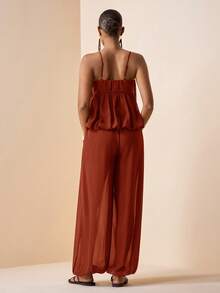 Zivah 2026 Spring/Summer New Music Festival, Easter, St. Patrick's Day, Valentine's Day, Date, Western, Nomadic, Birthday Party, Graduation, College Style, Student, Daily Casual, Basic Versatile, Leisure, Cruise Travel, Beach, Sunbathing, Viral Hit, Streetwear, Wedding Guest, Commuter, Brunch, Airport, Party, Holiday Outing, Office Wear, Camisole Ruffle Bud Layered Top And Wide Leg Pants With Pockets, Pleated Texture Palazzo Pants, Brown Chiffon 2-Piece Set - Redwood - View 2