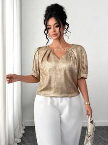 SHEIN Elenzya 大码女式箔布仿珍珠装饰休闲百搭日常衬衫 - 金色 - 查看 5