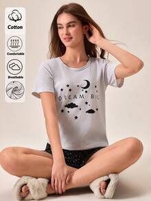 Women Cotton 2pcs Grey Contrast Colour Lettered Moon Cloud Printed Round Neck Short Sleeved Shirt & Contrast Colour Heart Patterned Shorts Homewear Comfort Casual Pajama Set - Multicolor - View 1