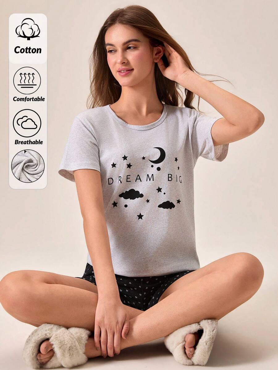 Women Cotton 2pcs Grey Contrast Colour Lettered Moon Cloud Printed Round Neck Short Sleeved Shirt & Contrast Colour Heart Patterned Shorts Homewear Comfort Casual Pajama Set - Multicolor - View 1