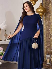 Modelyn Elegant Solid Color Round Neck Extra Long Sleeve Fitted Chiffon Patchwork Maxi Dress, Spring/Autumn, Plus Size - Navy Blue - View 6