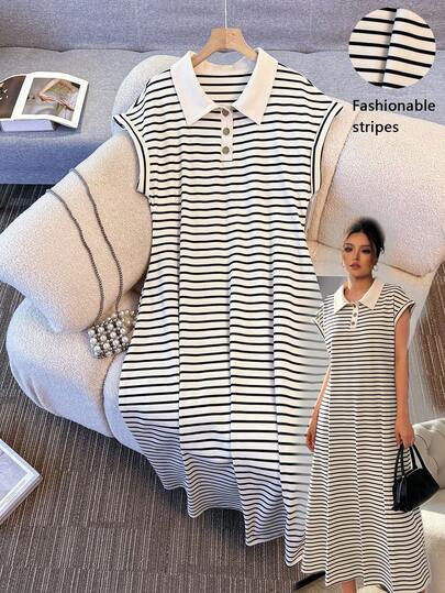 GlowEve CURVE 大码斜褶腰条纹Polo领连衣裙