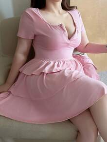 Vibekara Bodycon Knit Stretch Cake Dress Puff Dress Pink Ruffle Dress Pink Tea Party Dress Feminine Dress Dress Pink - Pink - View 4