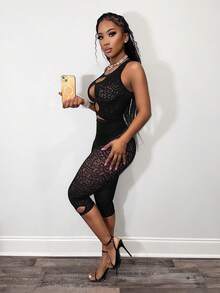 BamGleam Women Lace Hollow Out Top And Cropped Leggings Casual Daily Outfit - Black - View 6