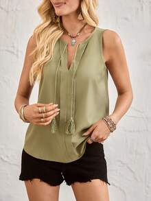Breezaya 女士休闲通勤军绿色无袖V领流苏吊坠衬衫 - 軍綠色 - 查看 4