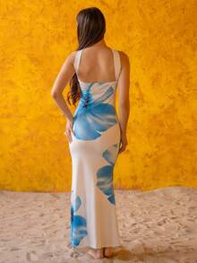 Andrea Bello 女式2025夏季露背系腰修身印花中长连衣裙 - 藍白色 - 查看 2