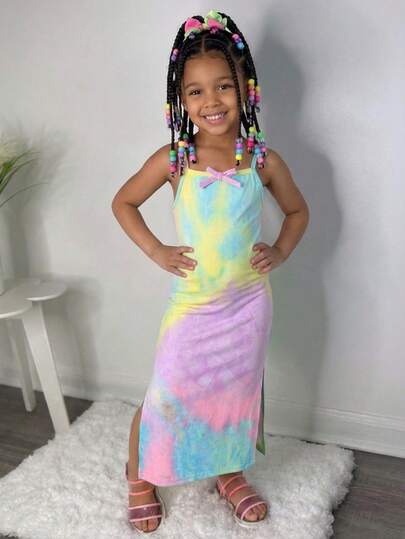 SHEIN Young Girl Tie-Dye Knit Camisole Dress Pastel Dress Rainbow Dress Tie Dye Dress Colorful Dress Multicolor Dress Girls Summer Bodycon Dresses Bodycon Dress Rainbow Tie-Dye Dress