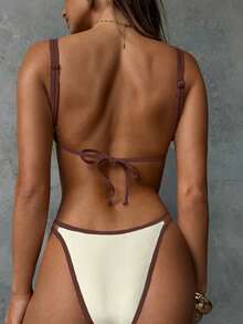 Aloruh Bộ đồ bơi 2 mảnh bikini tam giác cúp nhỏ hai tông màu dành cho nữ, thiết kế trang trí kim loại hình vỏ sò thanh lịch, phong cách cổ điển gợi cảm dành cho kỳ nghỉ hè - Nhiều màu - Xem 2