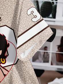 Betty Boop x SHEIN Women's Letter & Leopard Print Short Sleeve Casual T-Shirt, - White - View 3