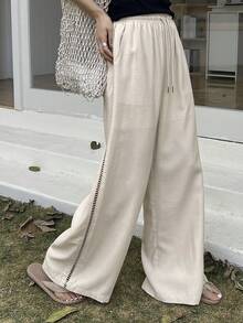 DAZY Women's Solid Color Patchwork Hollow Floral Lace Loose Wide Leg Pants, Casual Vacation Summer Trousers - Apricot - View 6