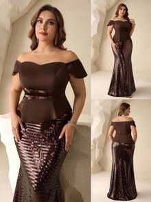 Coutiva 大码纯色高端晚礼服，优雅闪亮奢华明星同款露肩连衣裙 - 咖啡棕 - 查看 1