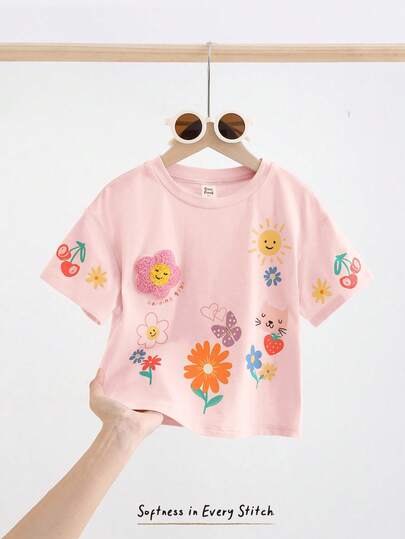 Cozy Pixies Young Girl Fruit Pattern Knit Soft Round Neck Short Sleeve Dropped Shoulder Pullover Top