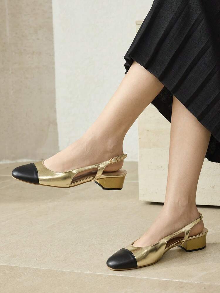 WOMEN'S ELEGANT COLOR BLOCK SQUARE TOE SLINGBACKS PUMPS SPRING SHOES