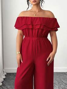 Elenzga Mono de verano de moda casual, elegante y retro francés, ideal para ir y venir del trabajo o de vacaciones, con volantes y hombros descubiertos, en color rojo - Rojo - Ver 4