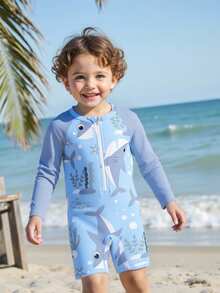 婴儿拉链泳衣，海洋生物鲨鱼印花。夏季海滩度假必备时尚单品。长袖设计，蓝色撞色，可爱的鲨鱼和海洋生物卡通图案。生动活泼。适合可爱的男宝宝在海滩玩耍时穿着。 - 彩色 - 查看 3
