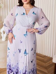 Modelyn Plus Size Elegant Party Floral & Butterfly Print Pleated Dress - Multicolor - View 5