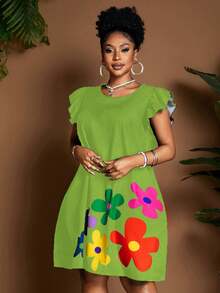 Maweii 女士黑色卡通印花A字圆领喇叭袖休闲度假连衣裙，简约日常穿搭，新品上市，时尚小众设计，大码及膝款 - 綠色 - 查看 3