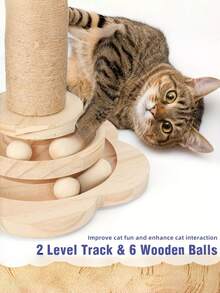 1PC Tall Wooden Multifunctional Cat Scratching Post Two Level Track Ball Interactive Feather Toy Hanging Balls Durable Mess Free Indoor Cats Kittens Adults Pet Supplies - Brown - View 5