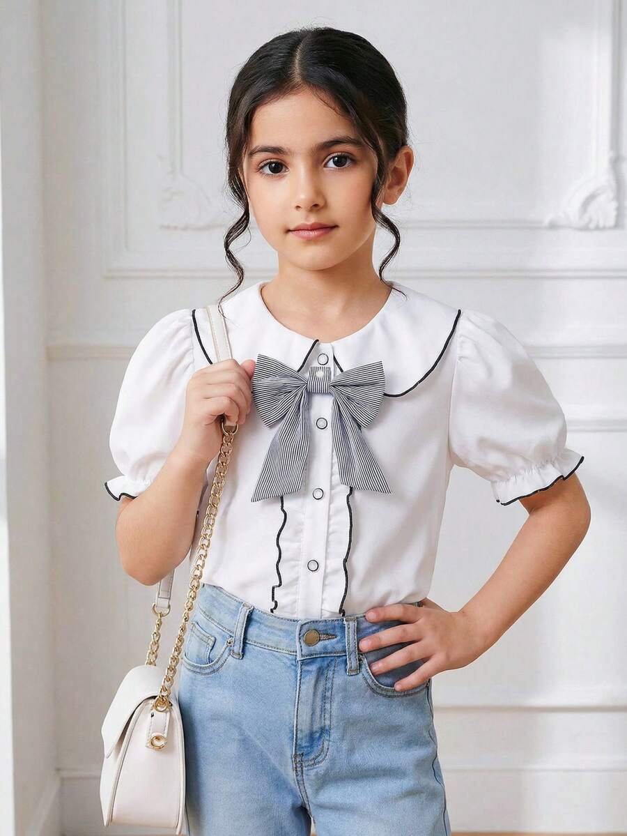 Áo kiểu cho bé gái tuổi teen, tay phồng viền bèo, cổ Peter Pan dễ thương với nơ kẻ sọc trang trí, thích hợp cho các buổi đi chơi và mặc hàng ngày, áo ngắn tay cho mùa hè. - trắng - Xem 1