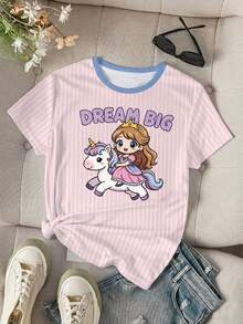 少女休闲圆领卡通字母印花短袖T恤，百搭日常穿着 - 彩色 - 查看 4