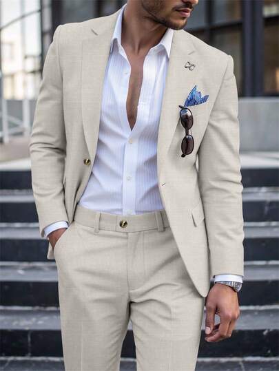 Manfinity Mode Traje casual de negocios para hombre de 2 piezas, conjunto de traje de unicolor con chaqueta y pantalones, traje de boda y fiesta de moda casual simple para uso diario, adecuado para el Día de San Valentín, aniversario y otras ocasiones. Es un gran regalo para tu novio o esposo.