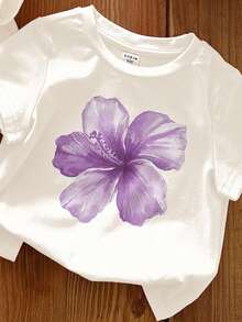 SHEIN LMoss Kids 3件套休闲度假热带芙蓉、鸡蛋花、海星和贝壳印花圆领短袖基础款T恤，适合春夏穿着，白色、米色、浅紫色 - 彩色 - 查看 3