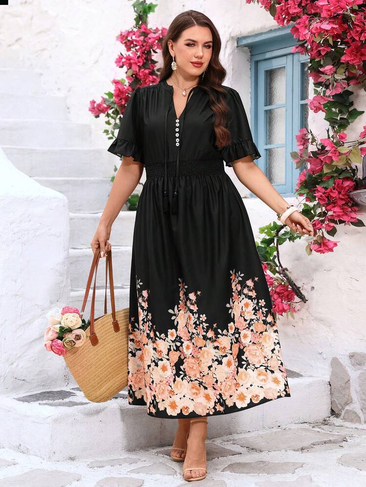 Plus Size Women's Summer Casual Vacation  Elegant Floral Print Black Long Dress,Summer Vacation,Casual Holiday Style,Summer Outfits For Women ,Vacation Outfits Women ,Holiday Outfits For Women,Going Out Outfits,New Clothes,Simple And Fashionable For Everyday Wear,Suitable For Summer, Vacation, Daily Wear, Festival Outfits For Women,Country Concert Outfit,Beach Outfits For Women,Western Style,Flowy Dress,Gifts For Mother,Boho Dress