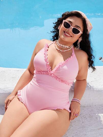 Swim Mod 大码女士连体泳衣，甜美可爱休闲沙滩度假款，粉色纹理面料，荷叶边挂脖系带设计