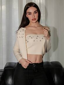 Bris Aura 珠饰水钻针织开衫 - 杏色 - 查看 6