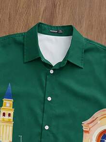Manfinity Joysei Men's Architecture Print Short Sleeve Single-Breasted Casual Cropped Shirt - Dark Green - View 4