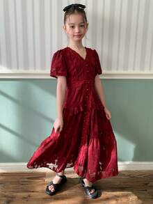 Dazy Kids Burgundy V-Neck Ruffle Trim Tween Girls Dress - Burgundy - View 5