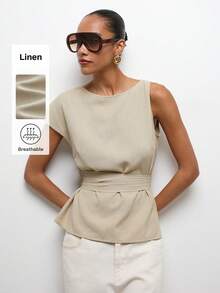Maija Damen Sommer Mode Chic Beige Leinen Peplum Top,Asymmetrische Ärmel geraffte Taille Arbeitsblusen für Frauen,Atmungsaktiv Lässig Strand Urlaub - Khaki - Übersicht 1
