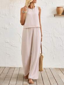 Breezaya Women's Casual Backless Round Neck Jumpsuit For Summer - Apricot - View 4