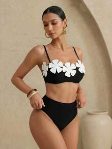 Swim Oasis 女士泳装套装，吊带露背3D立体花卉泳衣，高腰三角泳裤，网纱花卉长裙，时尚性感，休闲度假沙滩装，热门热销女士度假套装，沙滩派对套装，女士夏季套装 - 黑與白 - 查看 8