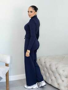 Melissa Matos 2pcs/Set Women Casual Long Sleeve Top And Flared Pants Suit, Navy Blue,Fall - Navy Blue - View 3