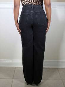 Steph T 女士口袋宽松阔腿休闲百搭牛仔裤 - 黑色 - 查看 2