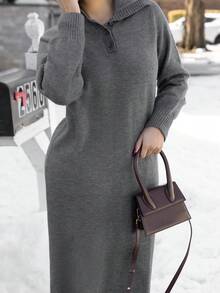 Melissa Matos 女士宽松休闲灰色Polo领针织连衣裙，秋冬毛衣裙 - 灰色 - 查看 6
